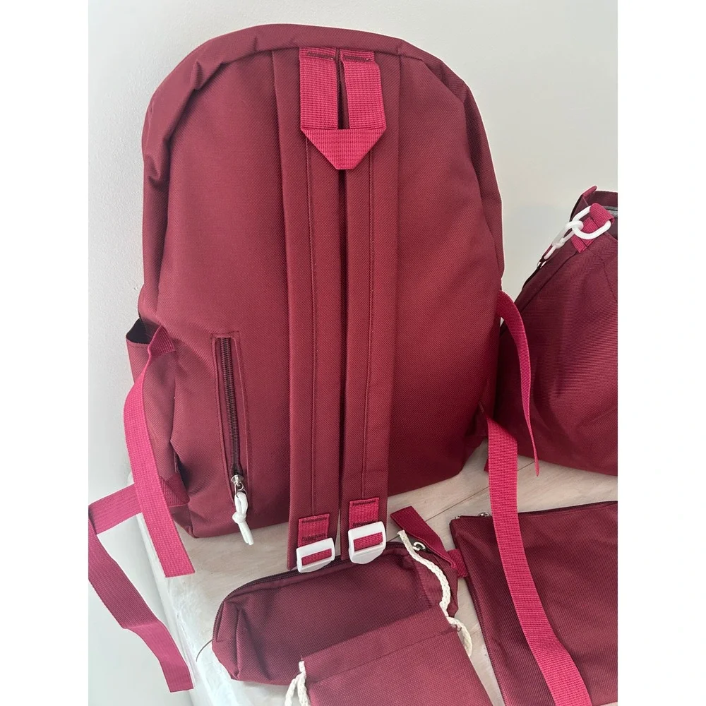 Lanshiyabag 5pc Backpack Set Maroon Burgundy School Travel Messenger Bag‎ Pouch